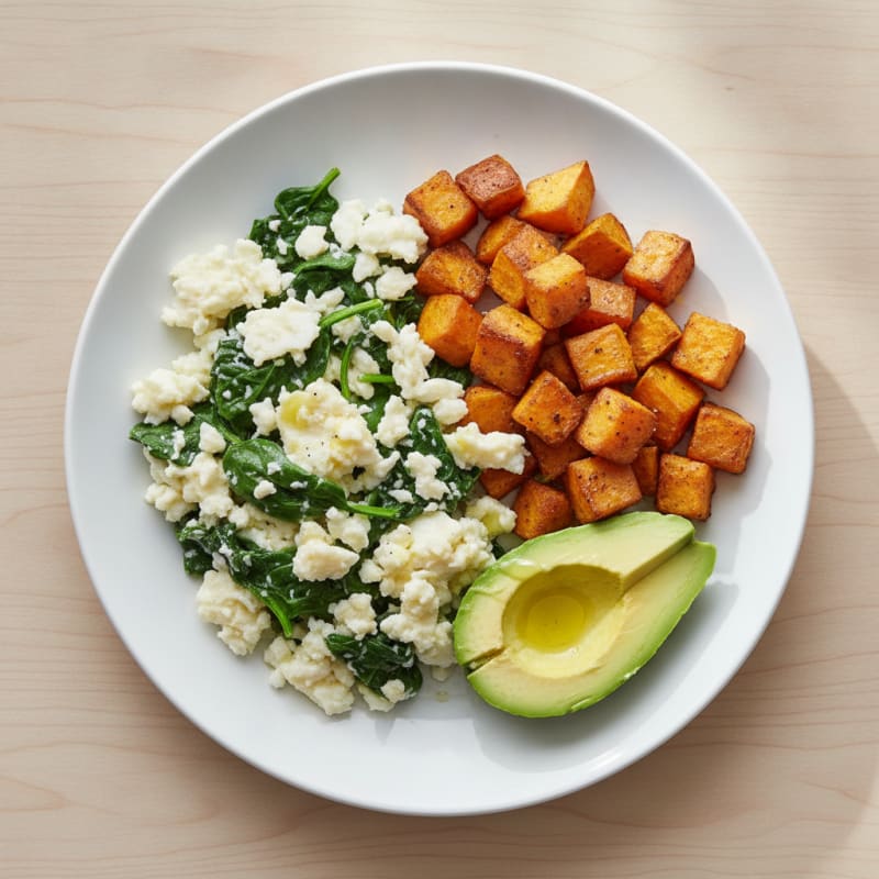 Egg White and Spinach Scramble with Roasted Sweet Potato