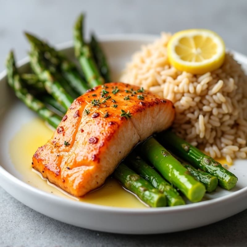 Seared Salmon Fillet with Steamed Asparagus and Brown Rice