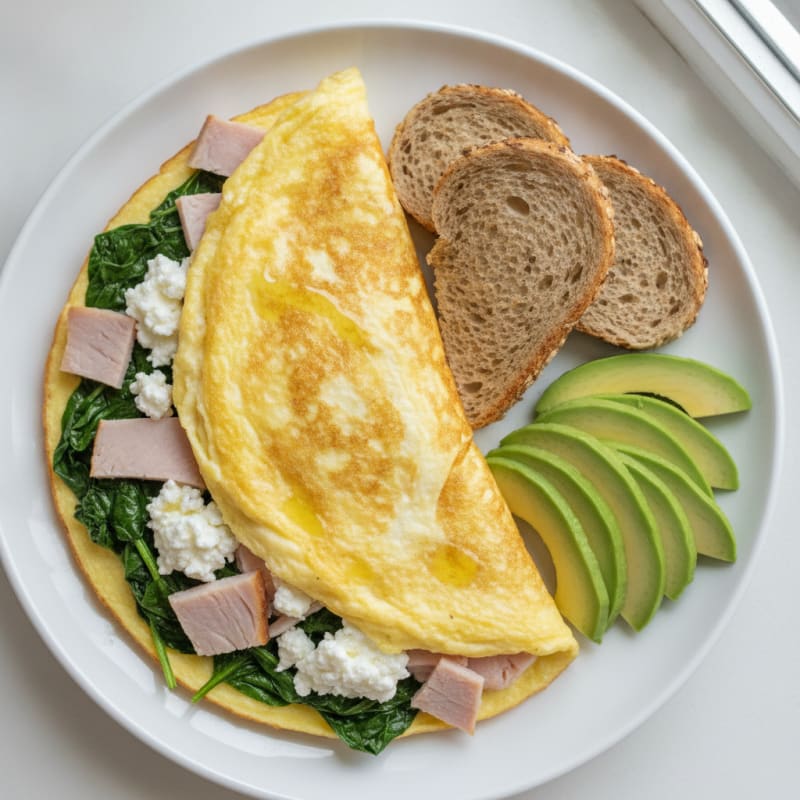 Egg White Spinach Omelette with Cottage Cheese and Sliced Turkey