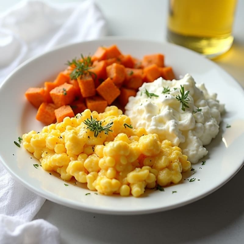 Scrambled Eggs with Sweet Potato Hash and Cottage Cheese