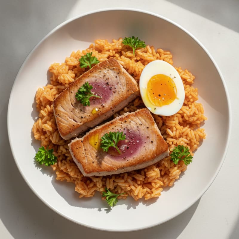 Pan-Seared Tuna with Jammy Eggs and Tomato Rice