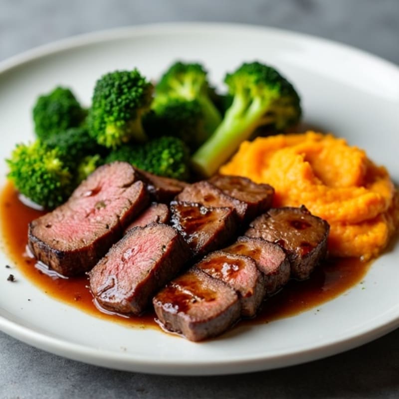 Seared Lean Beef with Roasted Broccoli and Sweet Potato Mash