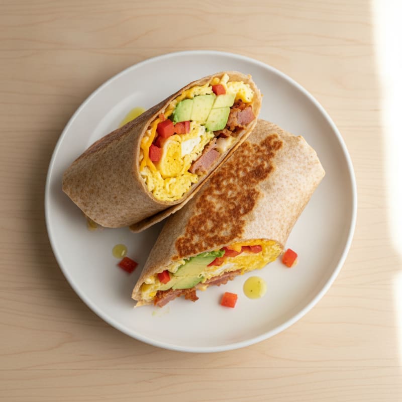 Crispy Turkey Bacon and Egg Breakfast Burrito with Cheddar