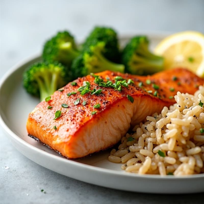 Seared Salmon with Steamed Broccoli and Brown Rice