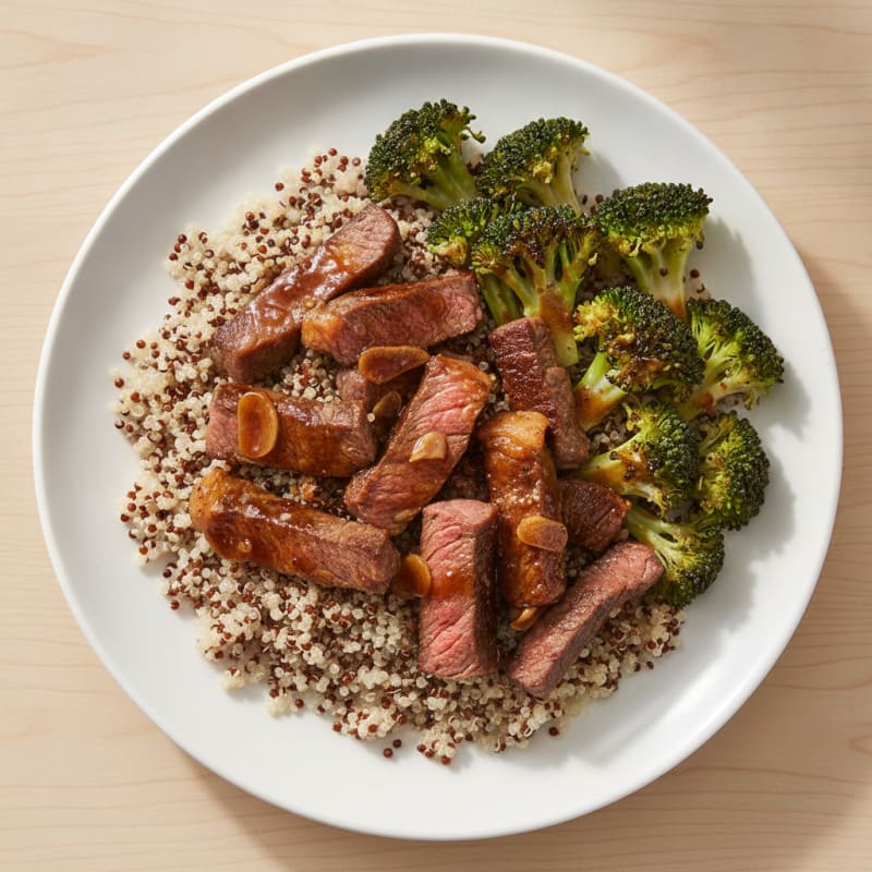 Seared Lean Beef Strips with Steamed Broccoli and Quinoa