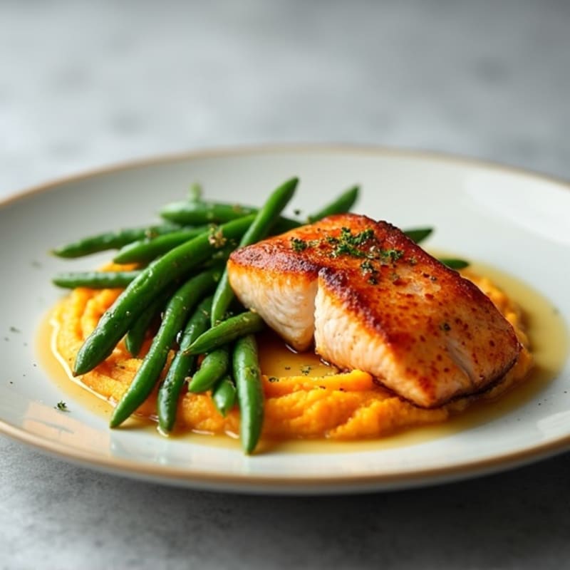 Seared Salmon Fillet with Garlic Green Beans and Sweet Potato Mash