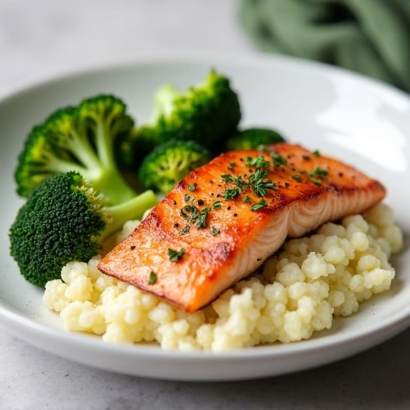 Seared Salmon Fillet with Steamed Broccoli and Garlic Cauliflower Mash
