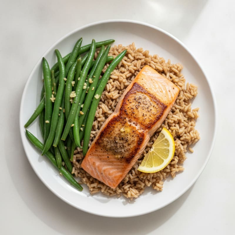 Seared Salmon Fillet with Garlic Green Beans and Brown Rice
