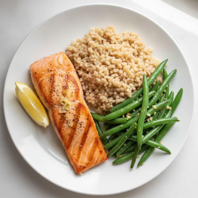 Seared Salmon with Garlic Green Beans and Brown Rice