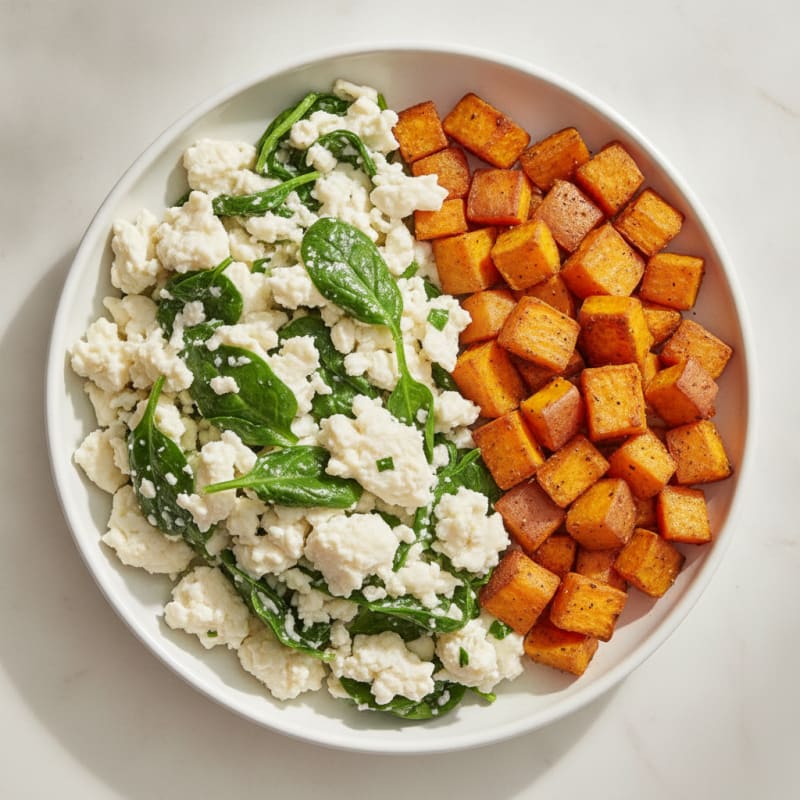 Egg White and Spinach Scramble with Roasted Sweet Potato