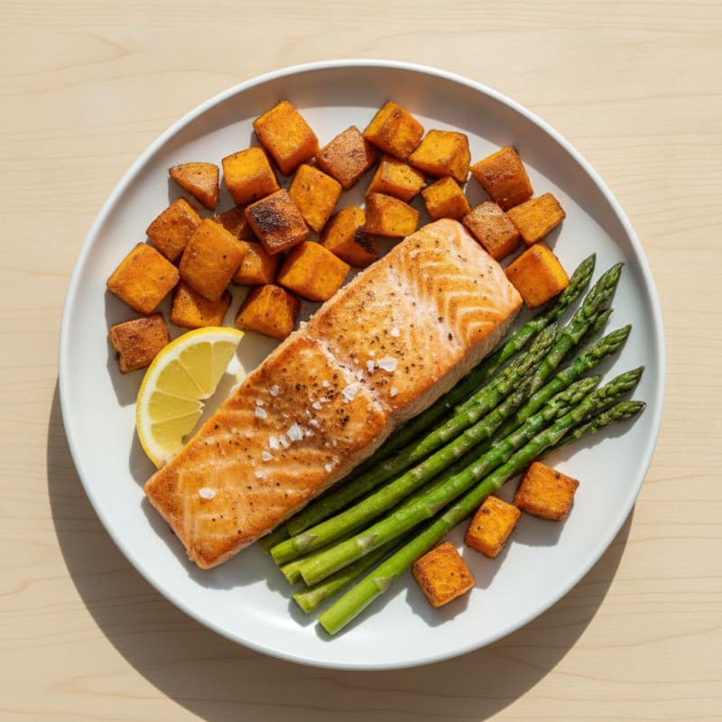 Seared Salmon with Roasted Sweet Potatoes and Asparagus