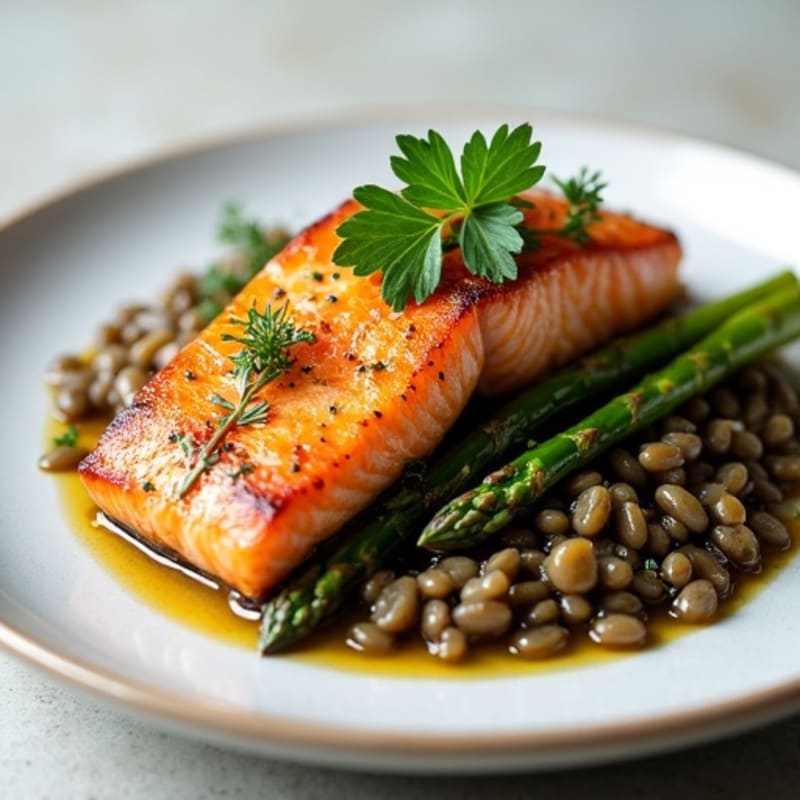 Seared Salmon with Herbed Lentils and Asparagus