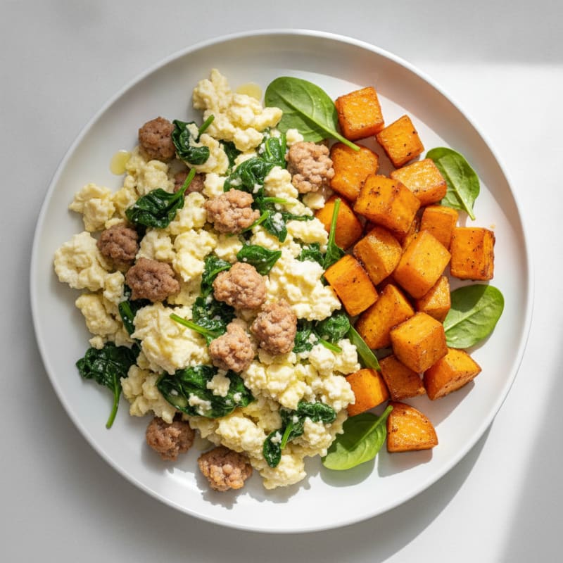 Egg White and Turkey Sausage Scramble with Spinach and Roasted Sweet Potatoes