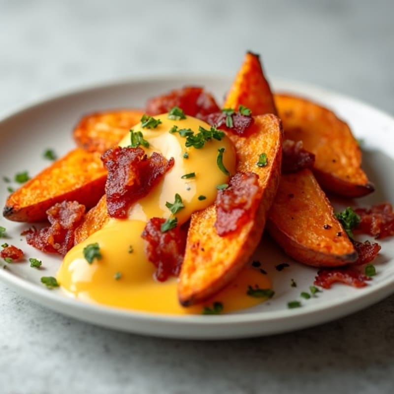 Crispy Roasted Sweet Potato Wedges with Lean Bacon and Sharp Cheddar Sauce