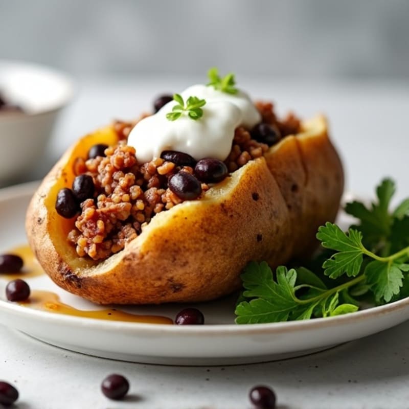 Crispy Baked Potato with Lean Ground Turkey, Black Beans, and Creamy Greek Yogurt