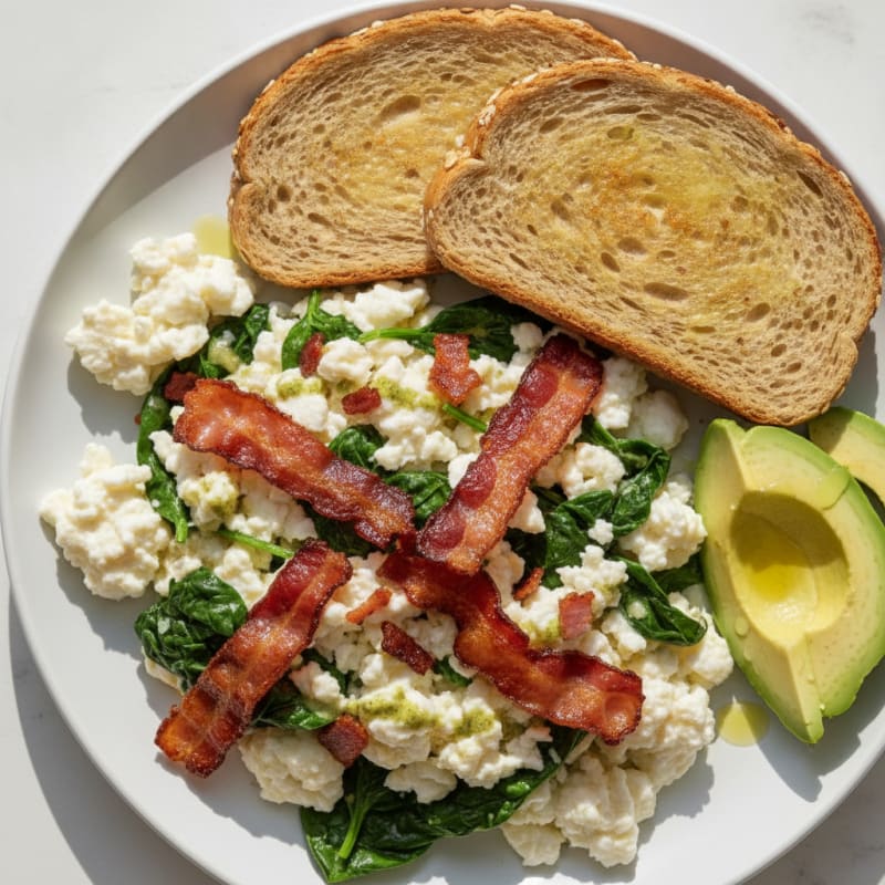 Crispy Turkey Bacon and Egg White Scramble with Spinach