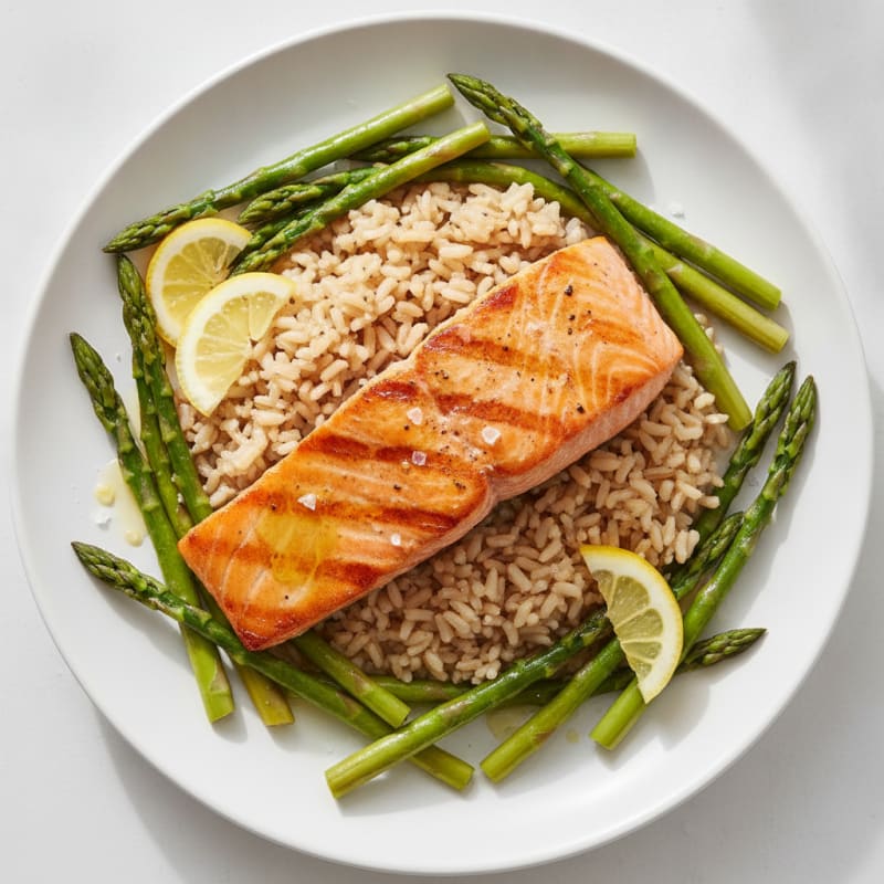 Seared Salmon Fillet with Steamed Asparagus and Brown Rice
