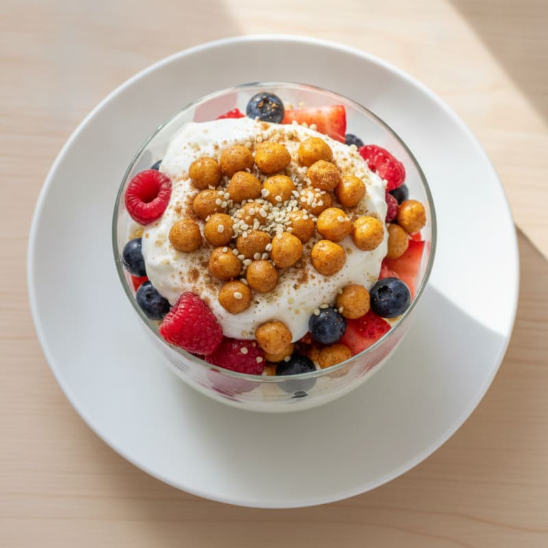 Creamy Natural Yogurt Parfait with Berries and Chickpea Protein Crunch