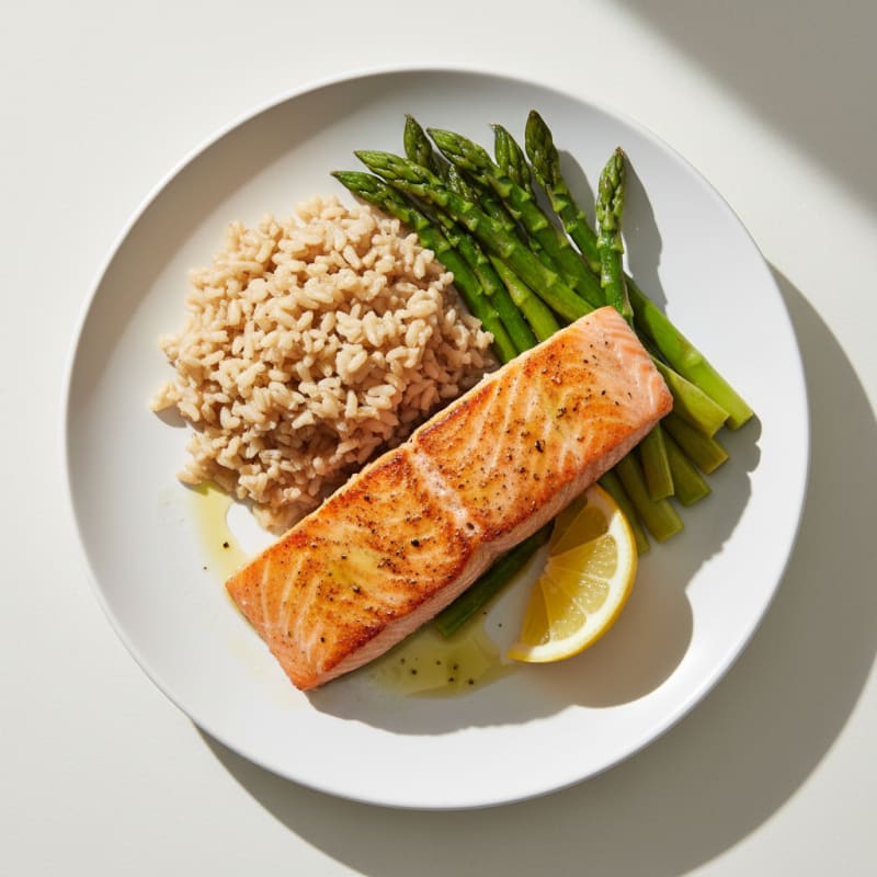 Seared Salmon with Steamed Asparagus and Brown Rice