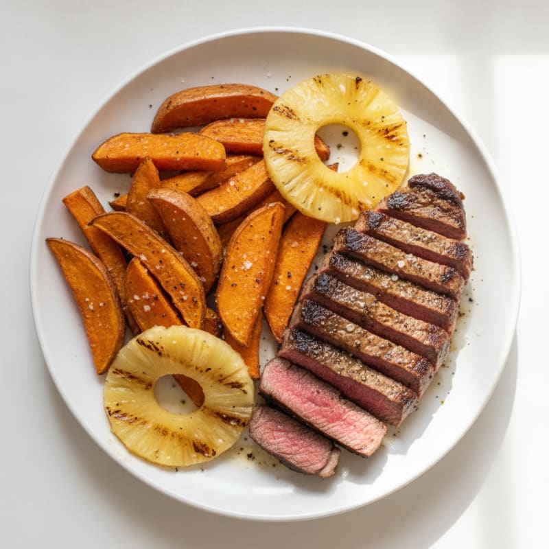 Seared Beef Steak with Roasted Sweet Potato and Grilled Pineapple