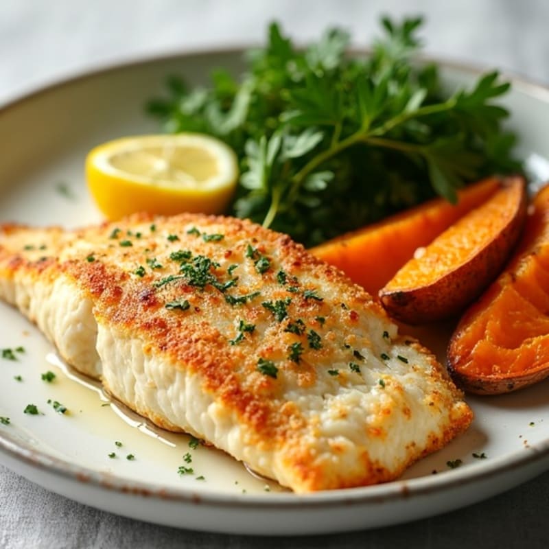 Lemon-Herb Crispy Baked Fish with Roasted Sweet Potato Wedges