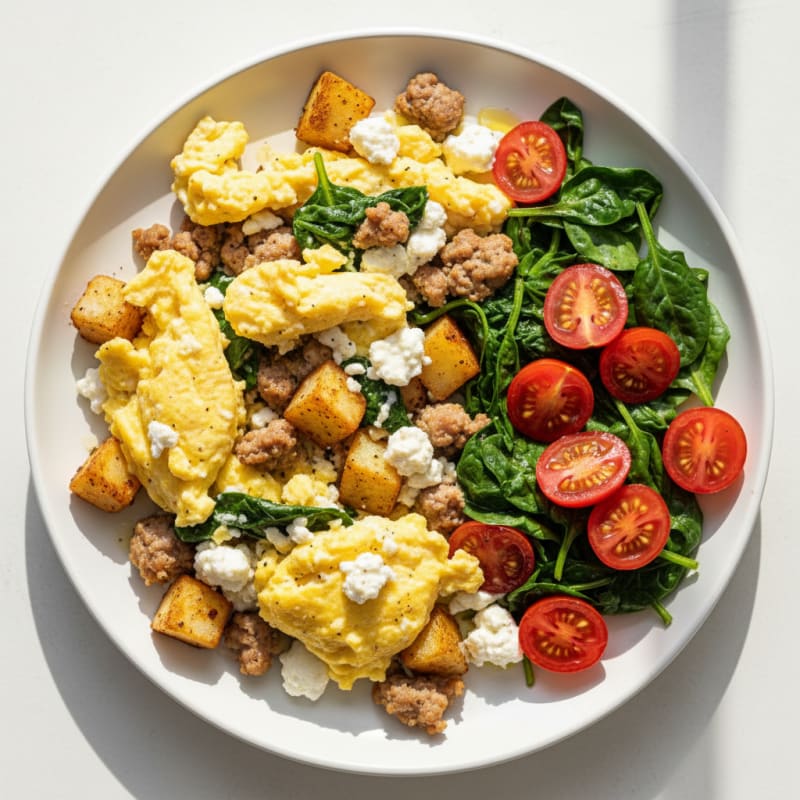 Egg and Cottage Cheese Scramble with Sautéed Spinach and Cherry Tomatoes