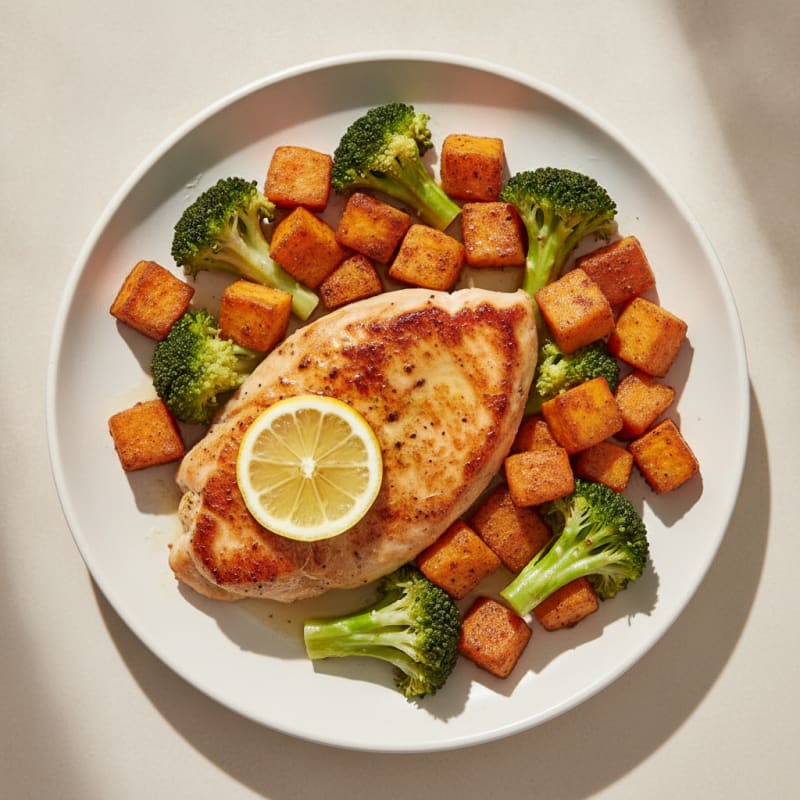 Seared Turkey Breast with Roasted Sweet Potato and Steamed Broccoli