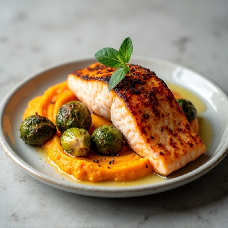 Seared Salmon with Roasted Brussels Sprouts and Sweet Potato Mash