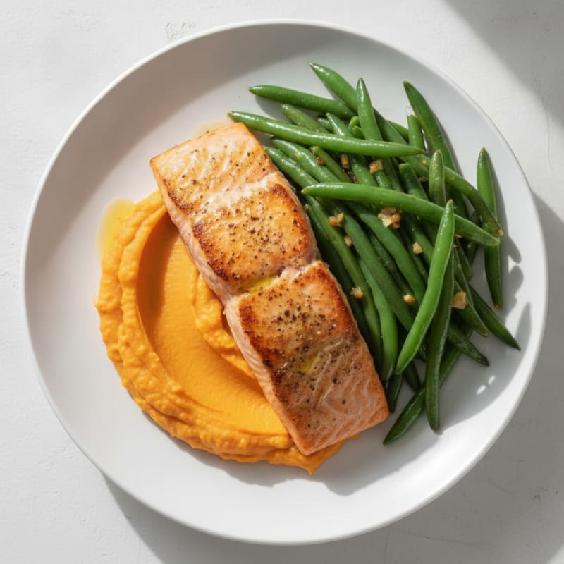 Seared Salmon Fillet with Garlic Green Beans and Sweet Potato Mash