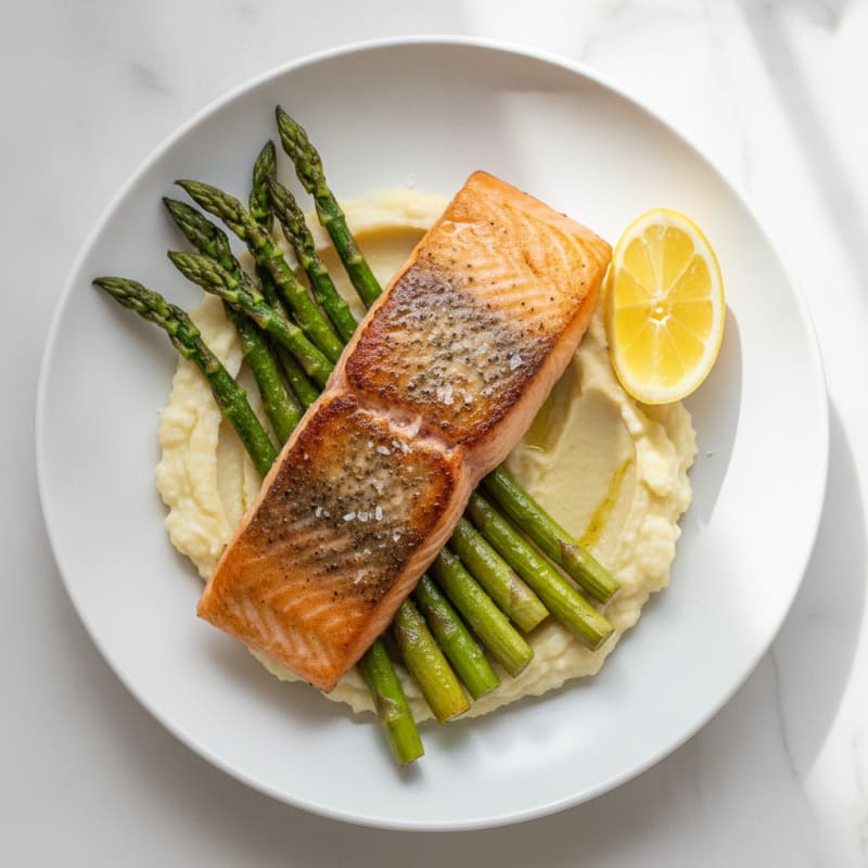 Seared Salmon with Roasted Asparagus and Cauliflower Mash