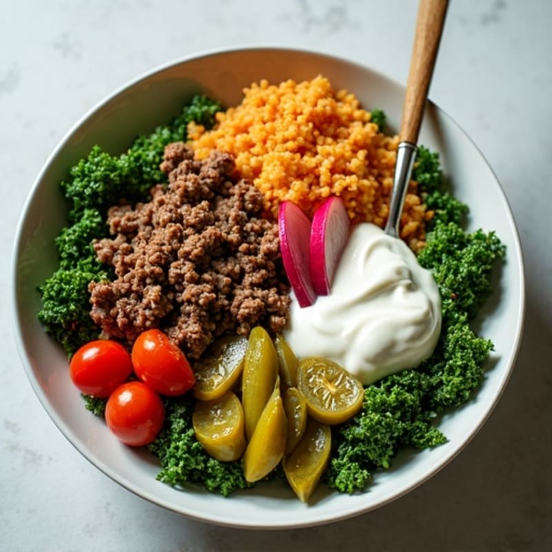 Protein-Packed Lean Ground Beef Bowl with Crispy Greens, Tangy Pickles, and Creamy Dressing