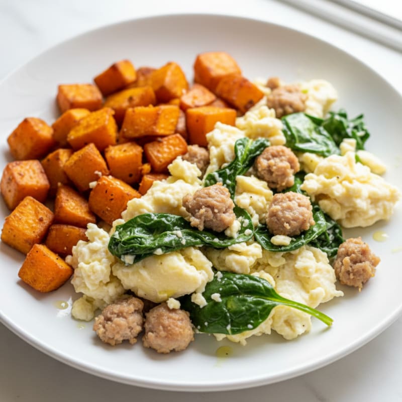 Egg White and Turkey Sausage Scramble with Roasted Sweet Potatoes