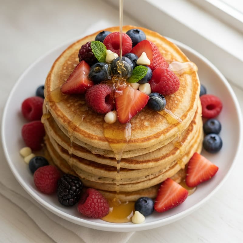 Greek Yogurt Protein Pancakes with Mixed Berries and Honey