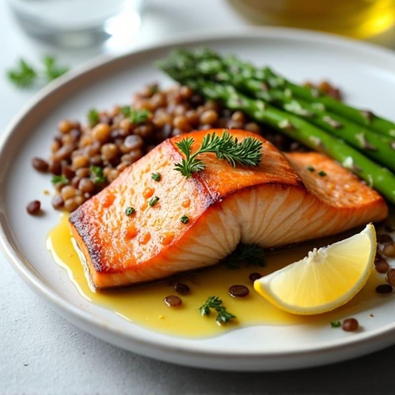 Seared Salmon Fillet with Steamed Asparagus and Lentil Pilaf