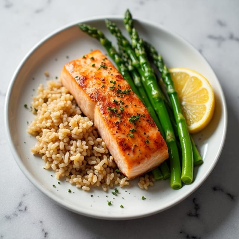 Seared Salmon with Steamed Asparagus and Brown Rice