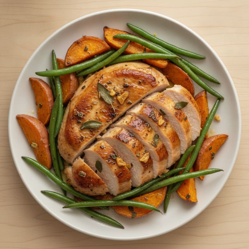 Seared Turkey Breast with Roasted Sweet Potatoes and Green Beans
