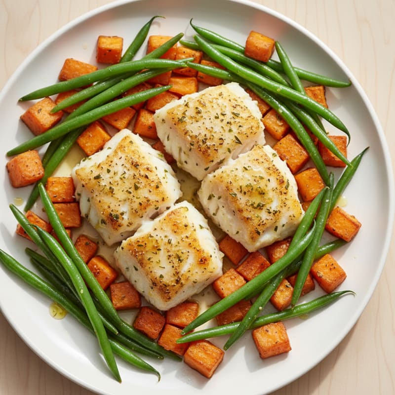 Baked Cod with Roasted Sweet Potatoes and Green Beans