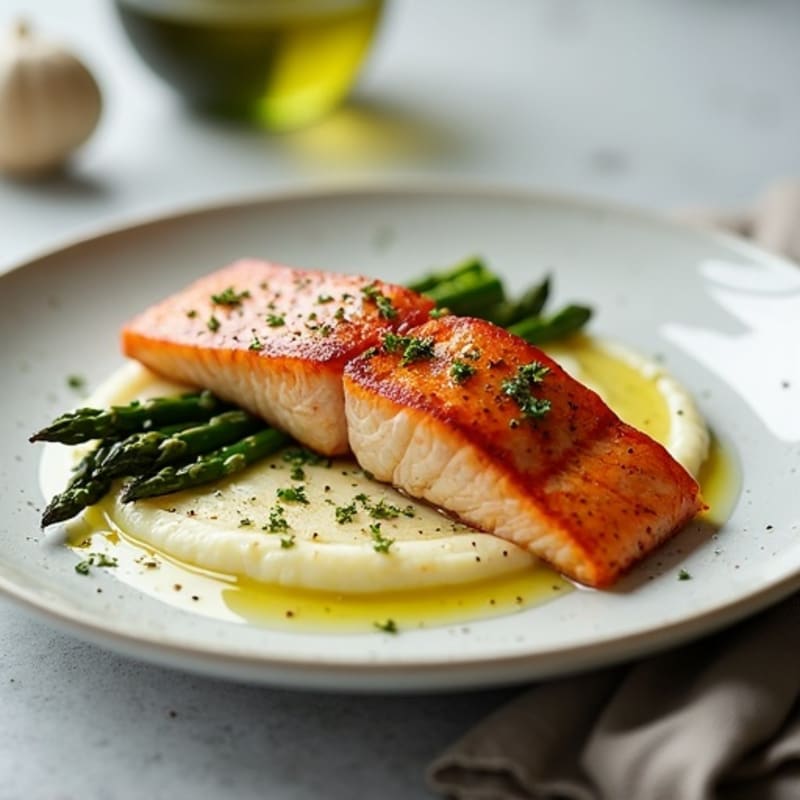 Seared Salmon with Steamed Asparagus and Cauliflower Mash