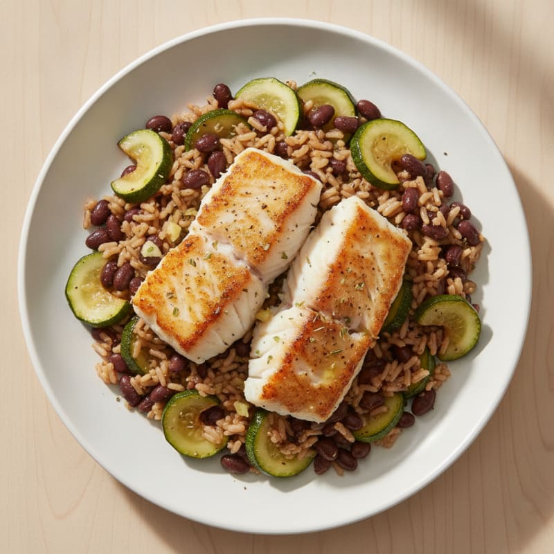 Pan-Seared Cod with Zucchini and Black Bean Rice