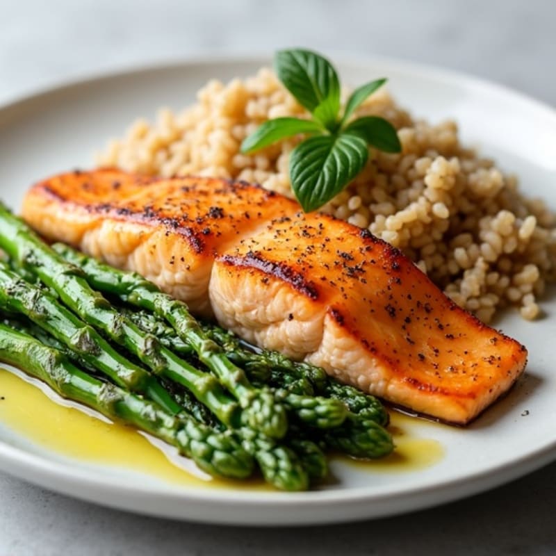 Seared Salmon with Steamed Asparagus and Brown Rice