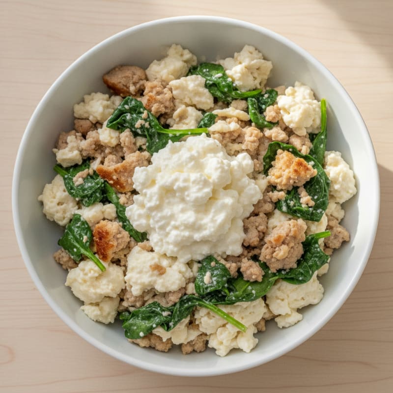 Egg White and Turkey Spinach Scramble with Cottage Cheese