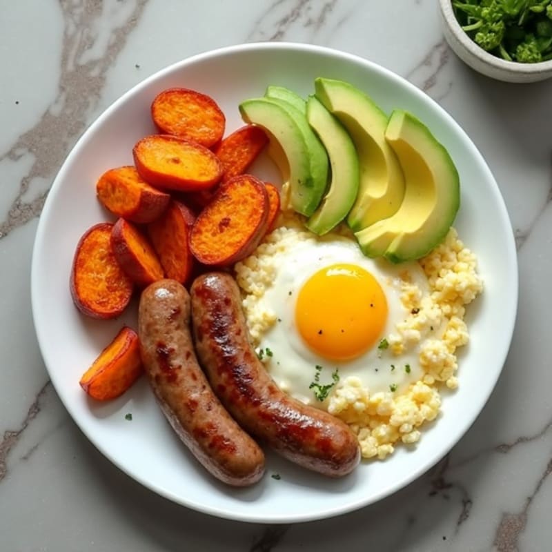Egg White and Turkey Sausage Scramble with Roasted Sweet Potatoes