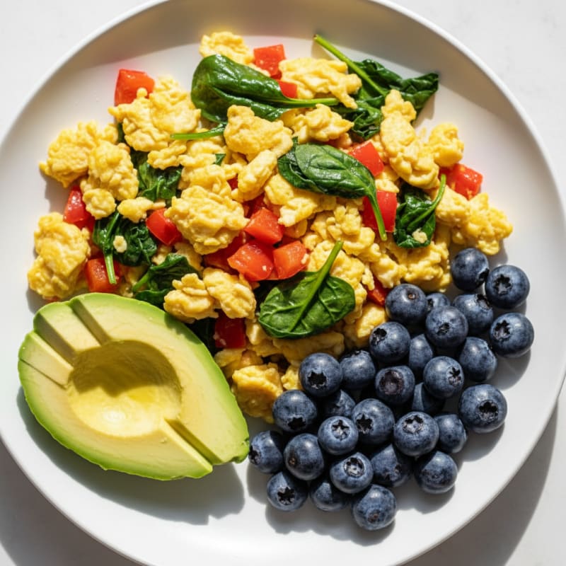 Egg and Veggie Scramble with Sautéed Spinach
