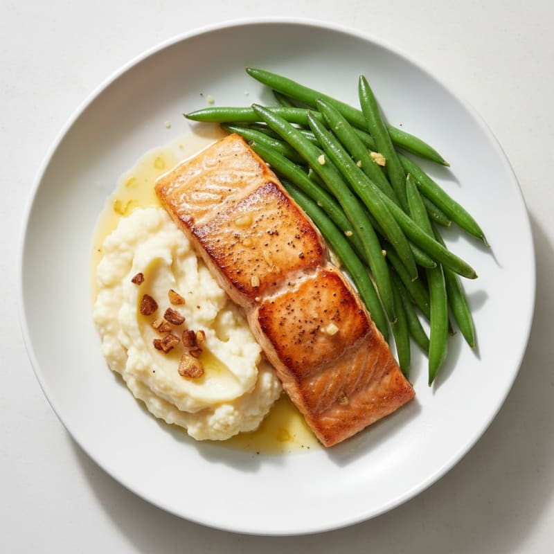 Seared Salmon with Steamed Green Beans and Garlic Mashed Cauliflower