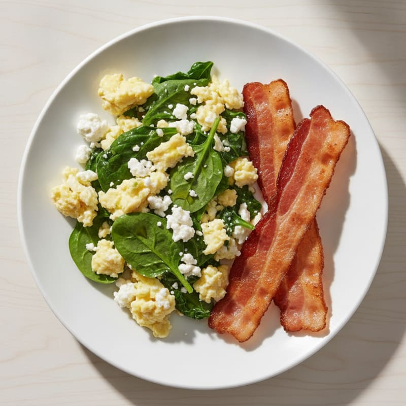 Cottage Cheese Egg Scramble with Spinach and Turkey Bacon