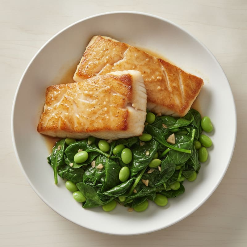 Seared Miso Glazed Cod with Sautéed Spinach and Edamame