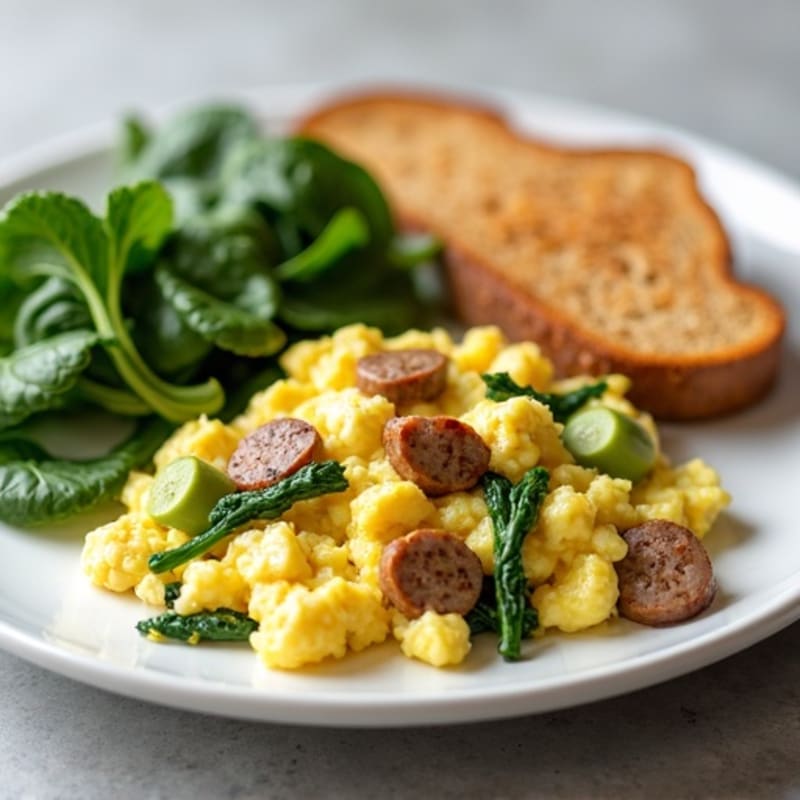 Egg White Scramble with Turkey Sausage and Sautéed Spinach