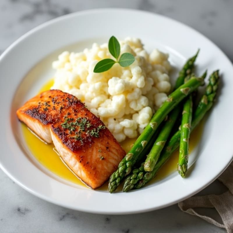 Seared Salmon with Steamed Asparagus and Mashed Cauliflower