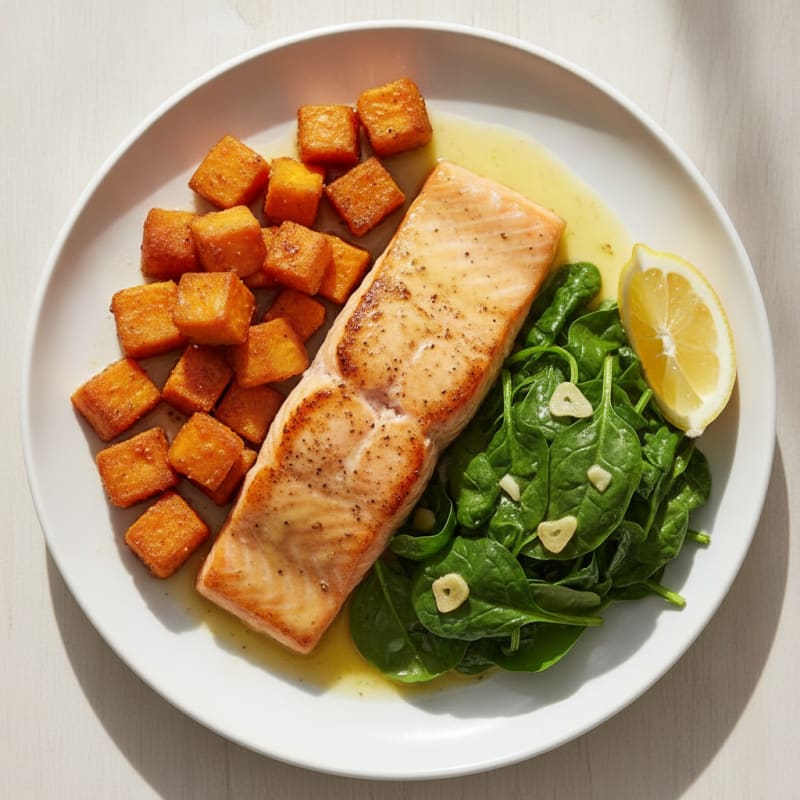 Seared Salmon Fillet with Roasted Sweet Potatoes and Sautéed Spinach