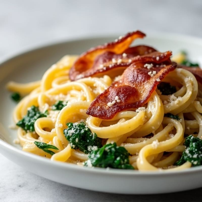 Creamy High-Protein Pasta with Crispy Bacon and Wilted Spinach
